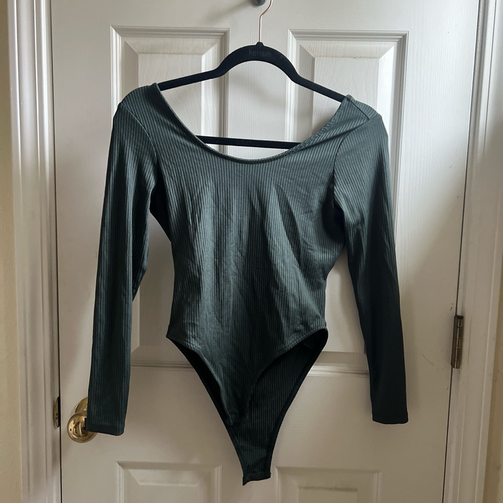Topshop green ribbed open back ribbon tie bodysuit - Picture 2 of 3